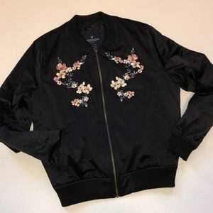 AEO Black satin embroidered quilted  bomber jacket